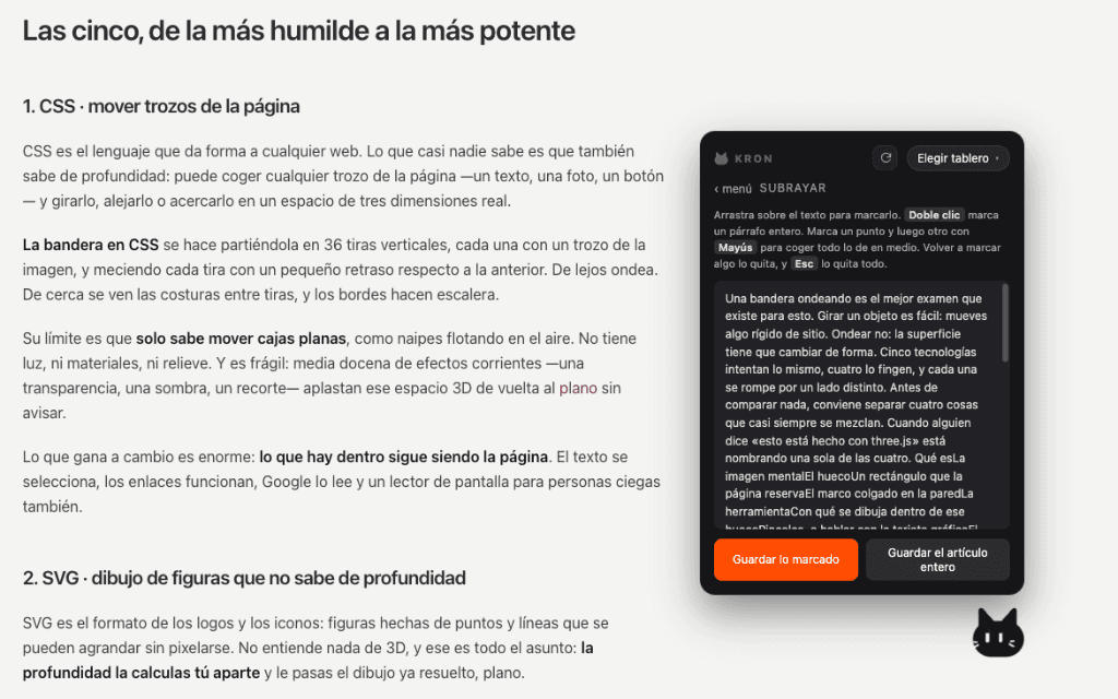Menú contextual de Kron para subrayar texto y guardar artículo