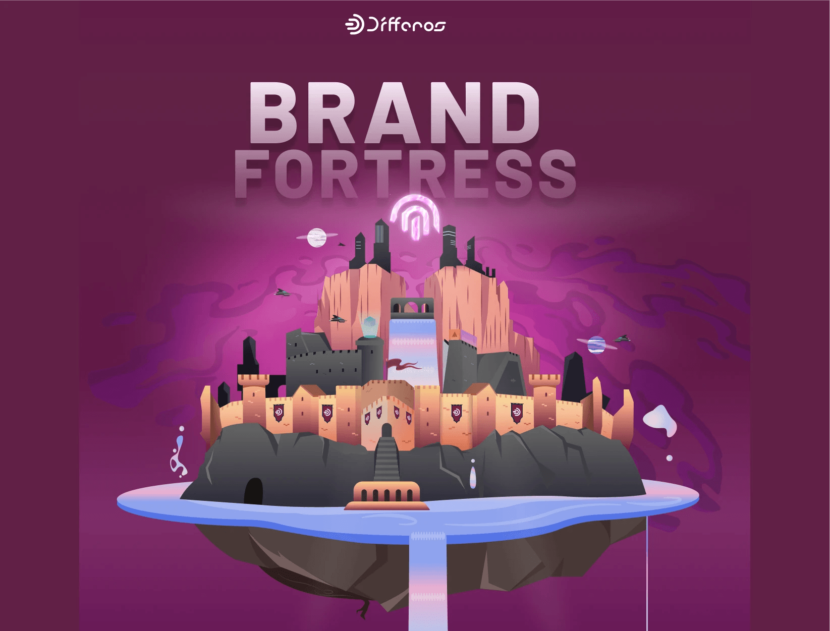 "Brand Fortress" illustration: a floating fortress as a metaphor for a strong, impregnable brand