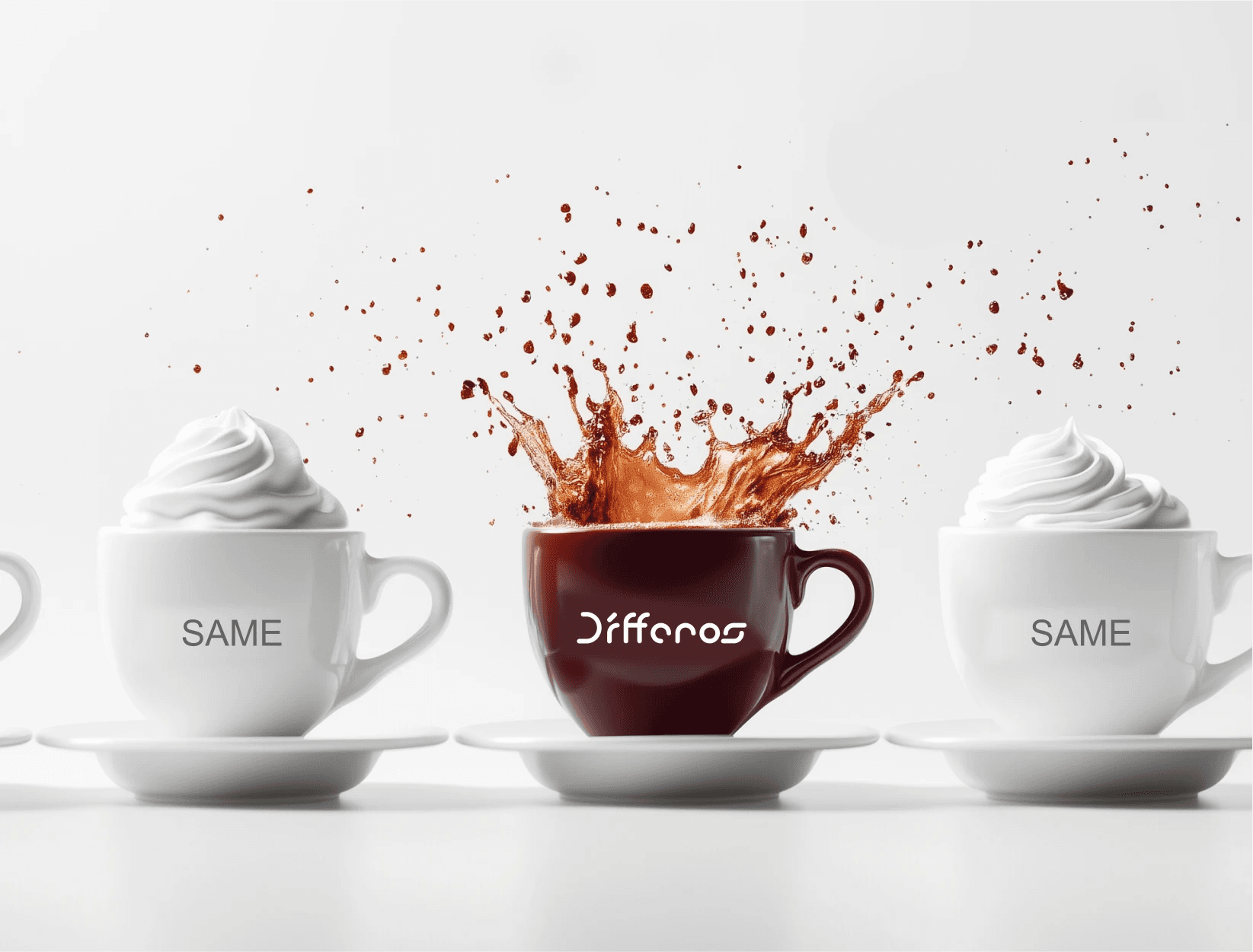 Differentiating campaign: two "SAME" cups and, in the center, a burgundy Dífferos cup with the coffee leaping out