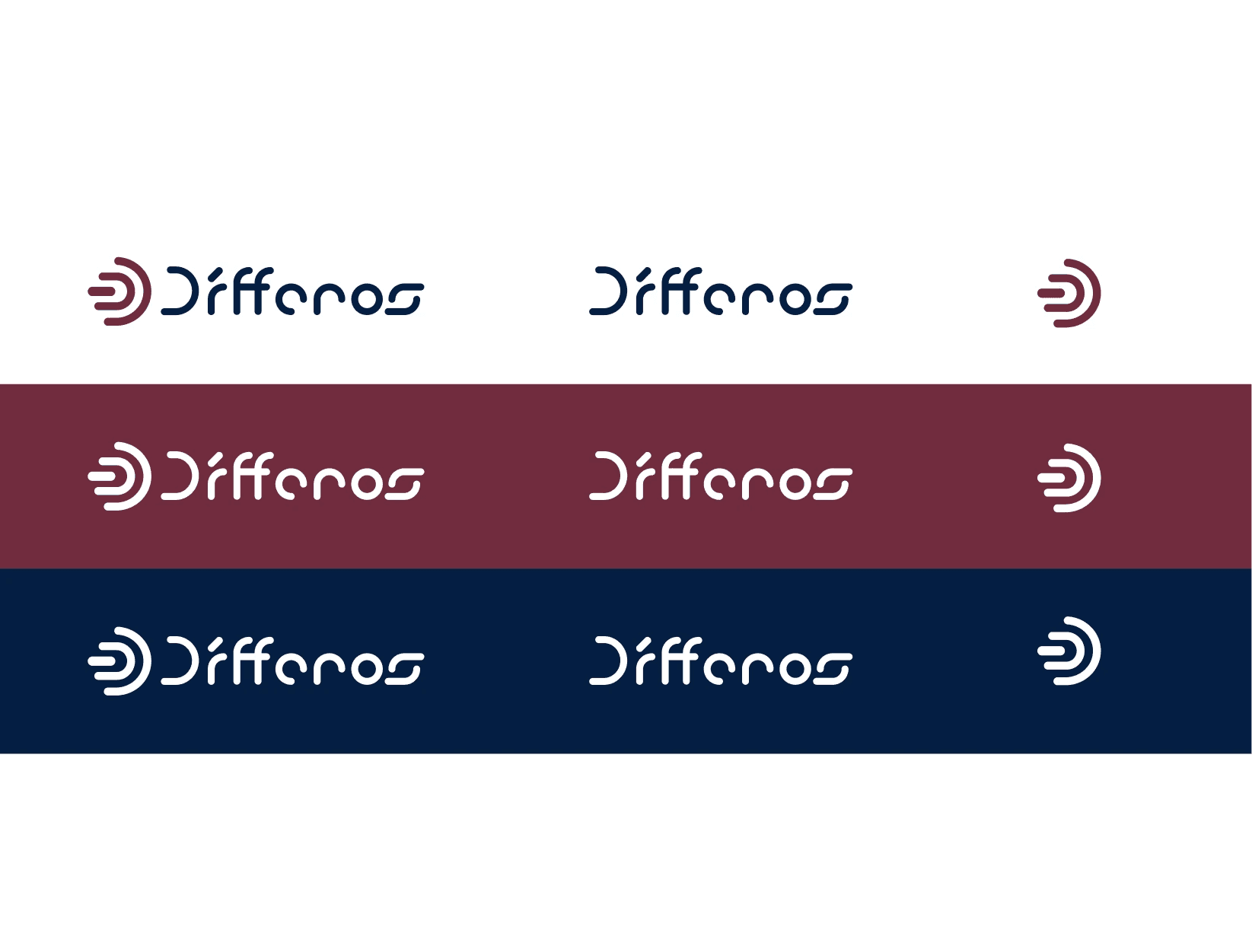 Dífferos logo system: full-color, negative and icon-only versions on white, burgundy and navy blue backgrounds