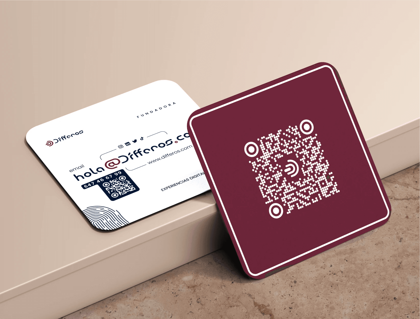 Dífferos business card: fingerprint and NFC-enabled QR code, in burgundy and navy blue