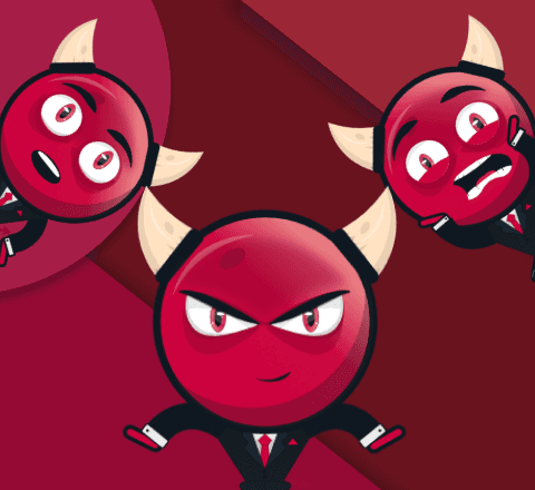 Demi, DSIN's mascot, in three poses with his formal suit, horns and tail