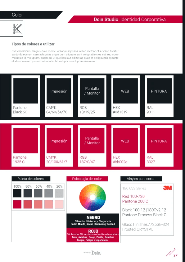 Color page: Pantone, CMYK, RGB, HEX and RAL of the red and black palette, with color psychology