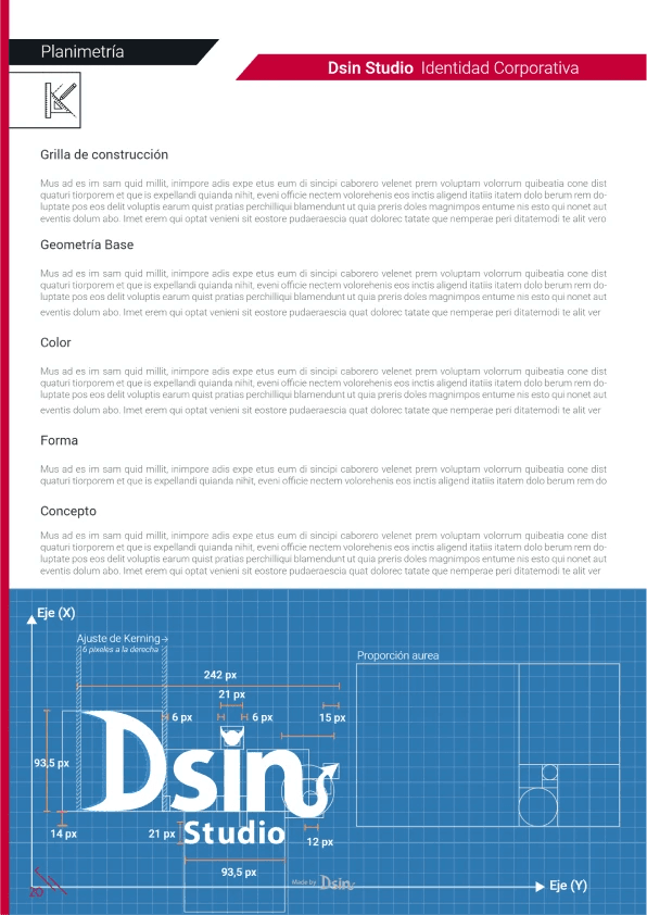 Planimetry page: construction grid, base geometry and golden ratio of the logo