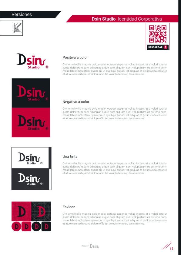 Logo versions page: positive, negative, one-ink and favicon, with download QR