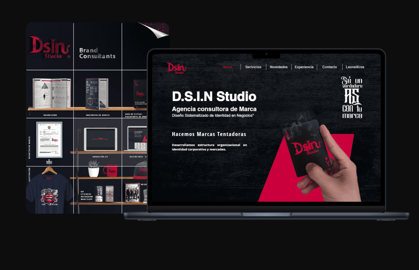 Overview of DSIN's identity: brand book, brand engineering, registration, merchandising and website in a single system