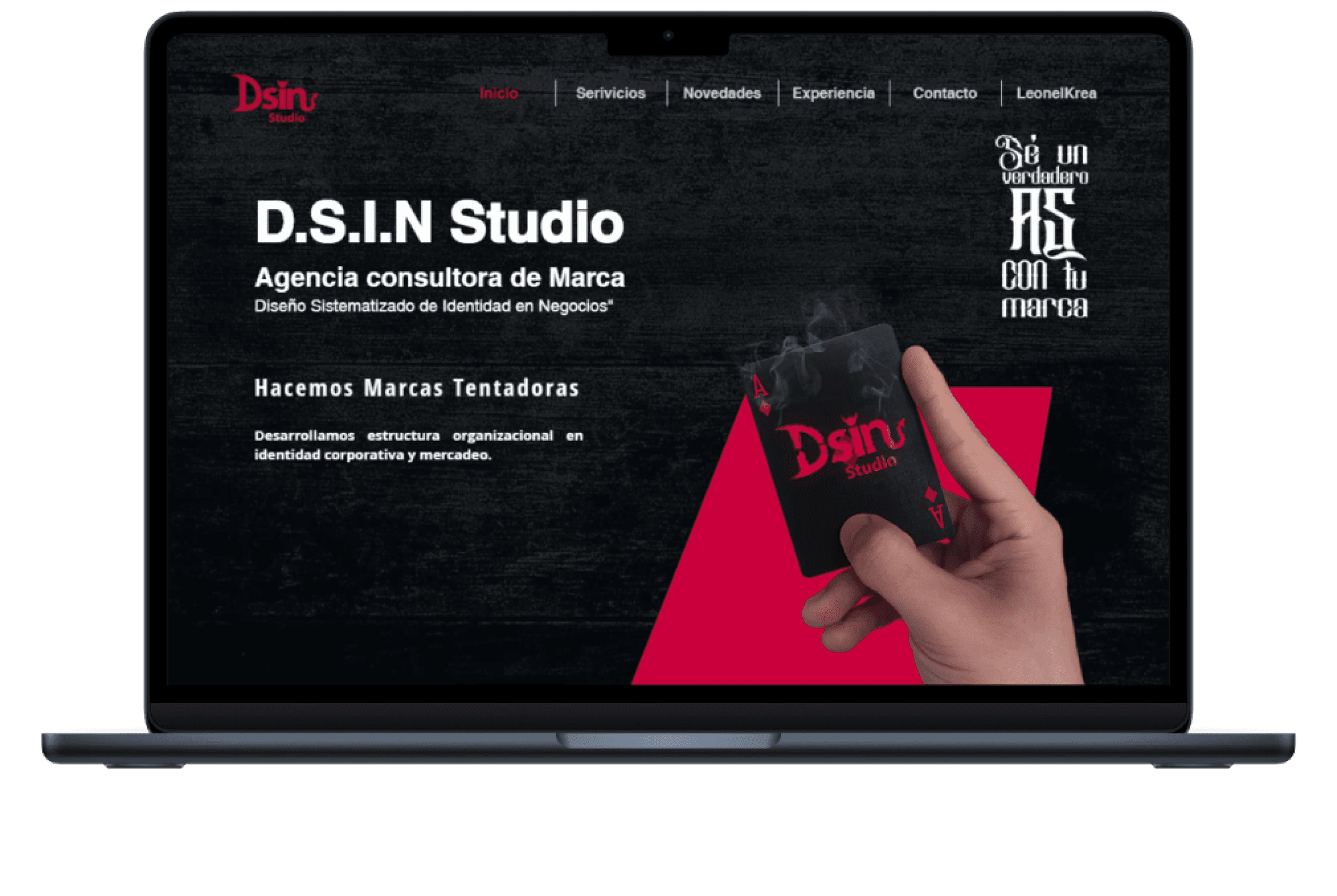 Home of the DSIN Studio website: dark wood background, claim "Be a true ACE with your brand" and a hand holding a DSIN ace